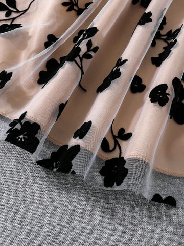 Young Girl Floral Pattern Mesh Overlay Cold Shoulder Belted Dress