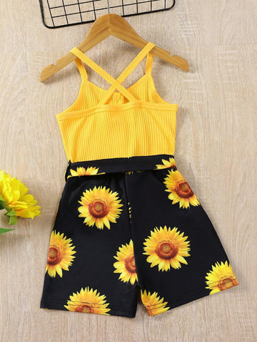 Young Girl Floral Print Criss Cross Belted Cami Romper