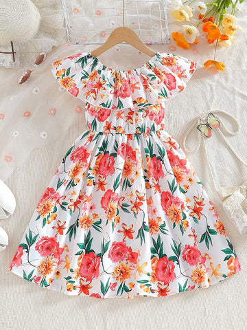 Young Girl Floral Print Dress, Countryside Style, Suitable For Outdoor Activities