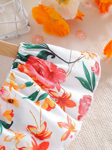 Young Girl Floral Print Dress, Countryside Style, Suitable For Outdoor Activities