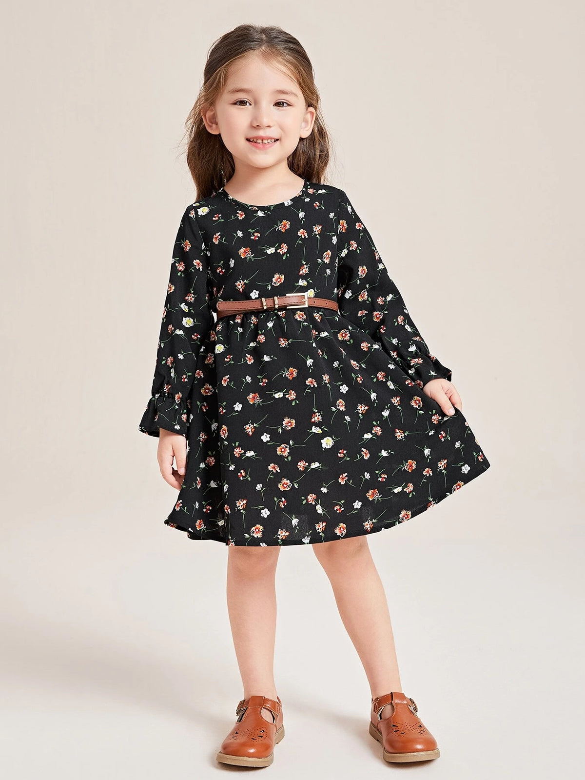 Young Girl Floral Print Flounce Sleeve Dress Without Belt