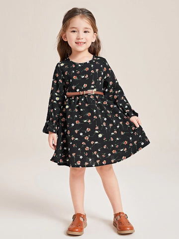 Young Girl Floral Print Flounce Sleeve Dress Without Belt