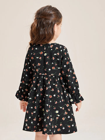 Young Girl Floral Print Flounce Sleeve Dress Without Belt