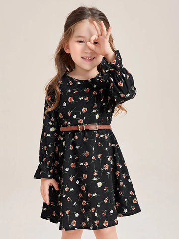 Young Girl Floral Print Flounce Sleeve Dress Without Belt