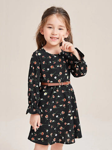 Young Girl Floral Print Flounce Sleeve Dress Without Belt