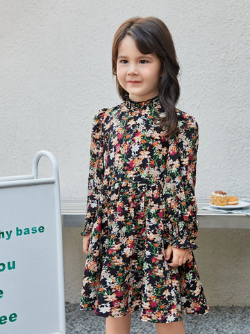 Young Girl Floral Print Flounce Sleeve Dress