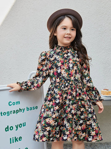 Young Girl Floral Print Flounce Sleeve Dress