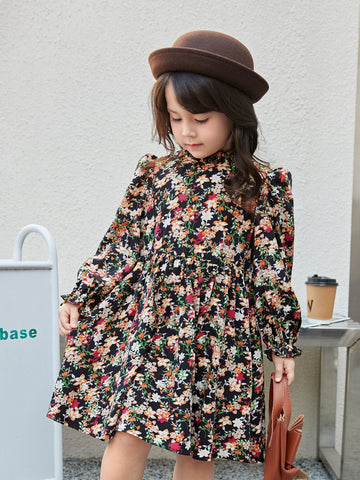 Young Girl Floral Print Flounce Sleeve Dress