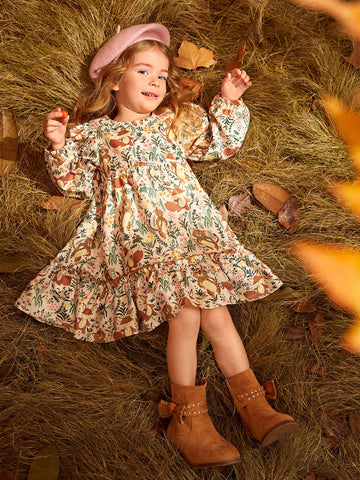 Young Girl Floral Print Flounce Sleeve Ruffle Hem Dress