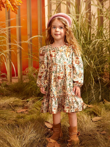 Young Girl Floral Print Flounce Sleeve Ruffle Hem Dress