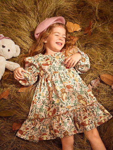 Young Girl Floral Print Flounce Sleeve Ruffle Hem Dress