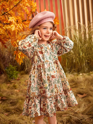 Young Girl Floral Print Flounce Sleeve Ruffle Hem Dress