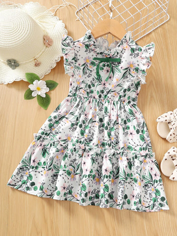 Young Girl Floral Print Flutter Sleeve Tie Front Ruffle Hem Dress