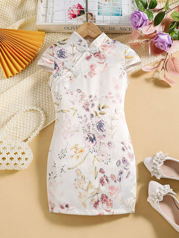 Young Girl Floral Print Mandarin Collar Dress
