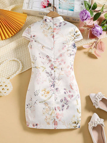 Young Girl Floral Print Mandarin Collar Dress