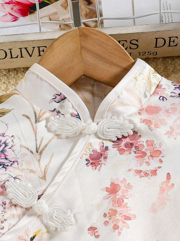 Young Girl Floral Print Mandarin Collar Dress