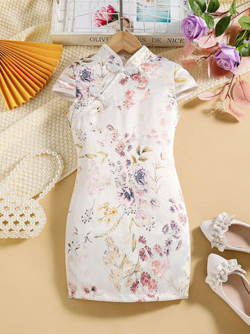 Young Girl Floral Print Mandarin Collar Dress
