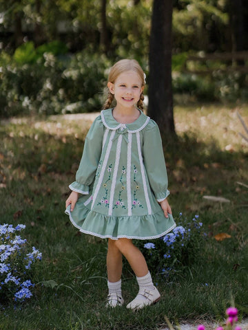 Young Girl Floral Print Puff Sleeve Peter Pan Collar Ruffled Hem Cute Dress For Autumn