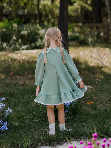 Young Girl Floral Print Puff Sleeve Peter Pan Collar Ruffled Hem Cute Dress For Autumn