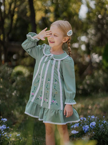 Young Girl Floral Print Puff Sleeve Peter Pan Collar Ruffled Hem Cute Dress For Autumn