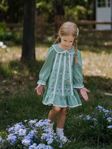 Young Girl Floral Print Puff Sleeve Peter Pan Collar Ruffled Hem Cute Dress For Autumn