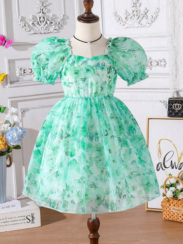 Young Girl Floral Print Puff Sleeve Princess Dress, Purple Flower Decor, Summer