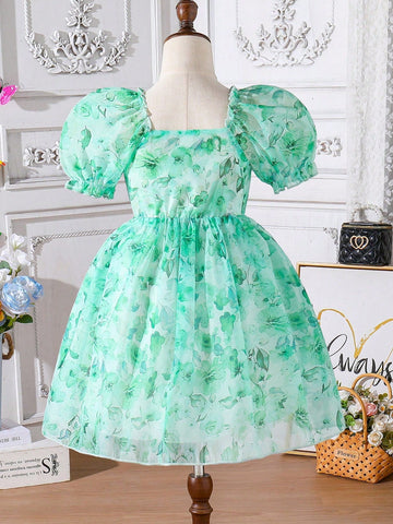 Young Girl Floral Print Puff Sleeve Princess Dress, Purple Flower Decor, Summer