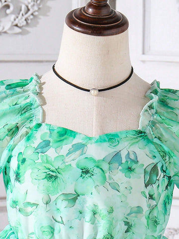 Young Girl Floral Print Puff Sleeve Princess Dress, Purple Flower Decor, Summer