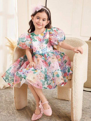 Young Girl Floral Print Round Neck Short Puff Sleeve Organza Princess Dress