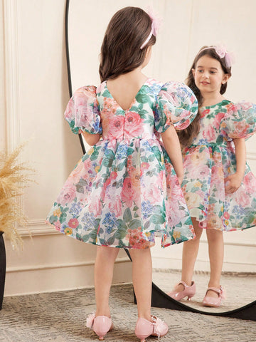 Young Girl Floral Print Round Neck Short Puff Sleeve Organza Princess Dress