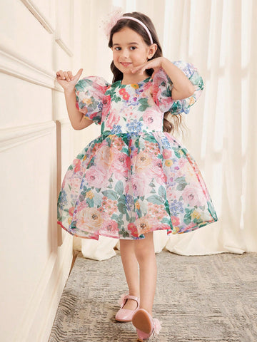 Young Girl Floral Print Round Neck Short Puff Sleeve Organza Princess Dress