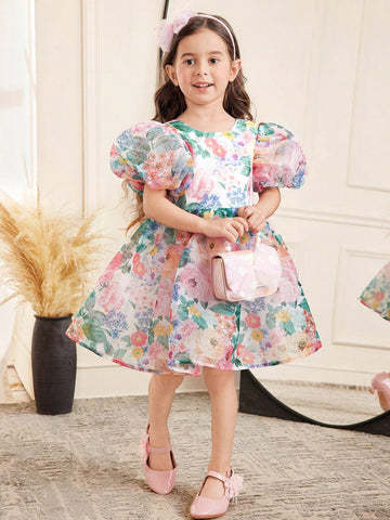 Young Girl Floral Print Round Neck Short Puff Sleeve Organza Princess Dress