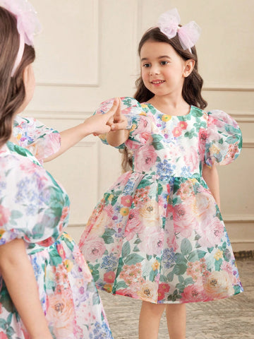Young Girl Floral Print Round Neck Short Puff Sleeve Organza Princess Dress