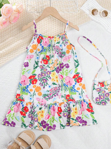 Young Girl Floral Print Ruffle Hem Cami Dress