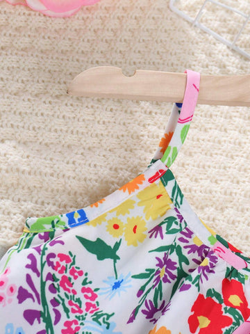 Young Girl Floral Print Ruffle Hem Cami Dress
