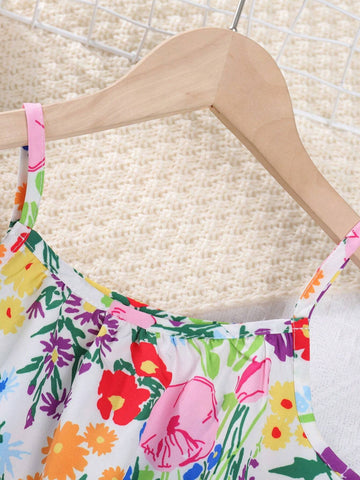 Young Girl Floral Print Ruffle Hem Cami Dress