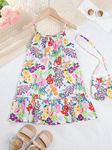 Young Girl Floral Print Ruffle Hem Cami Dress