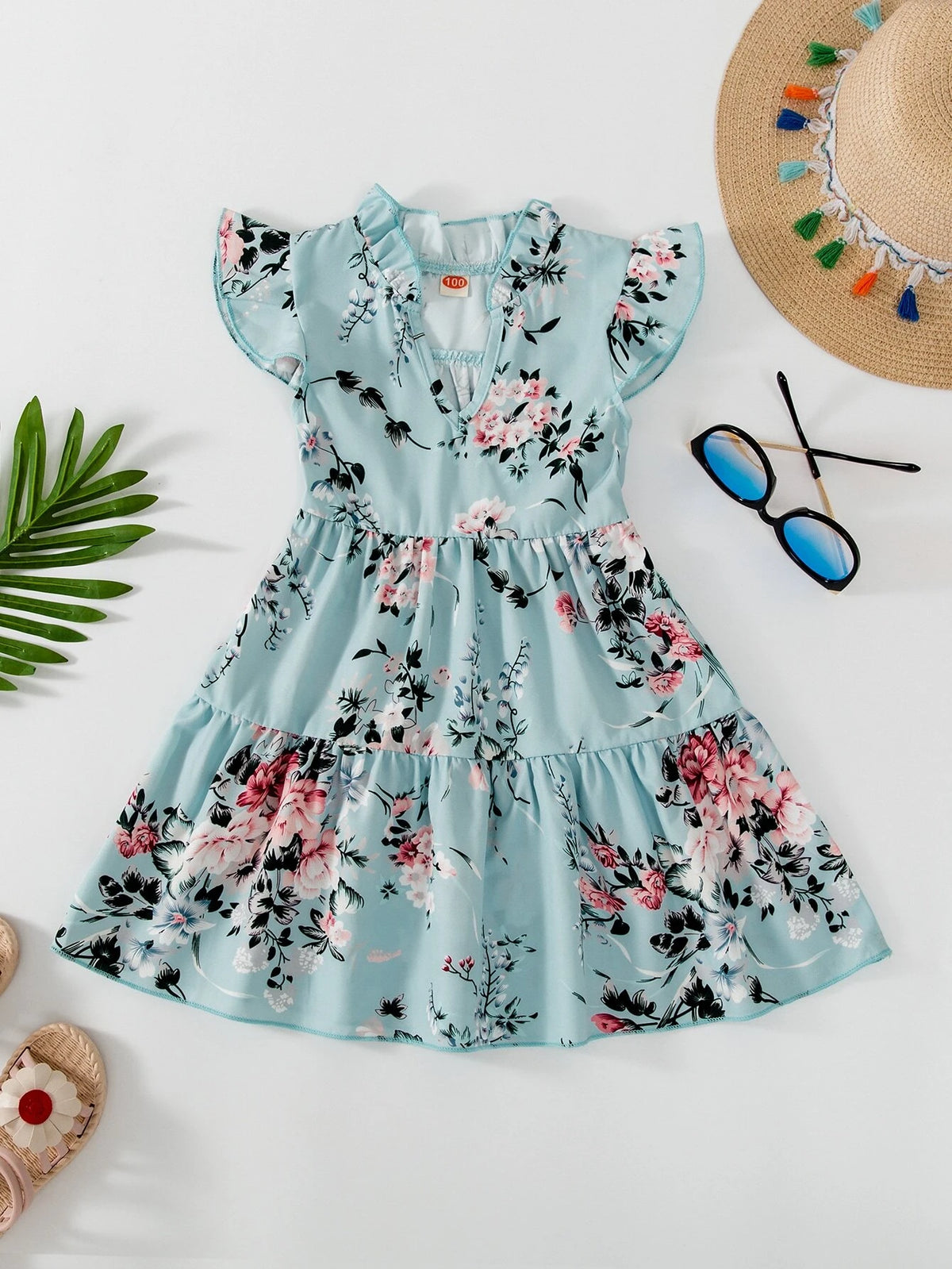 Young Girl Floral Print Ruffle Trim Dress