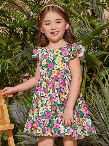 Young Girl Floral Print Ruffle Trim Dress