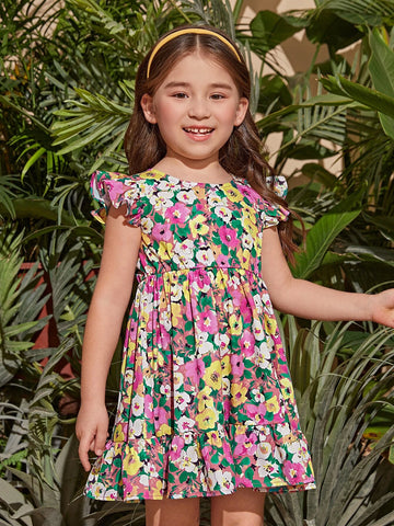 Young Girl Floral Print Ruffle Trim Dress
