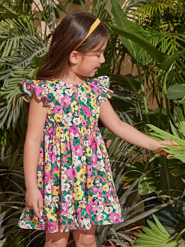 Young Girl Floral Print Ruffle Trim Dress