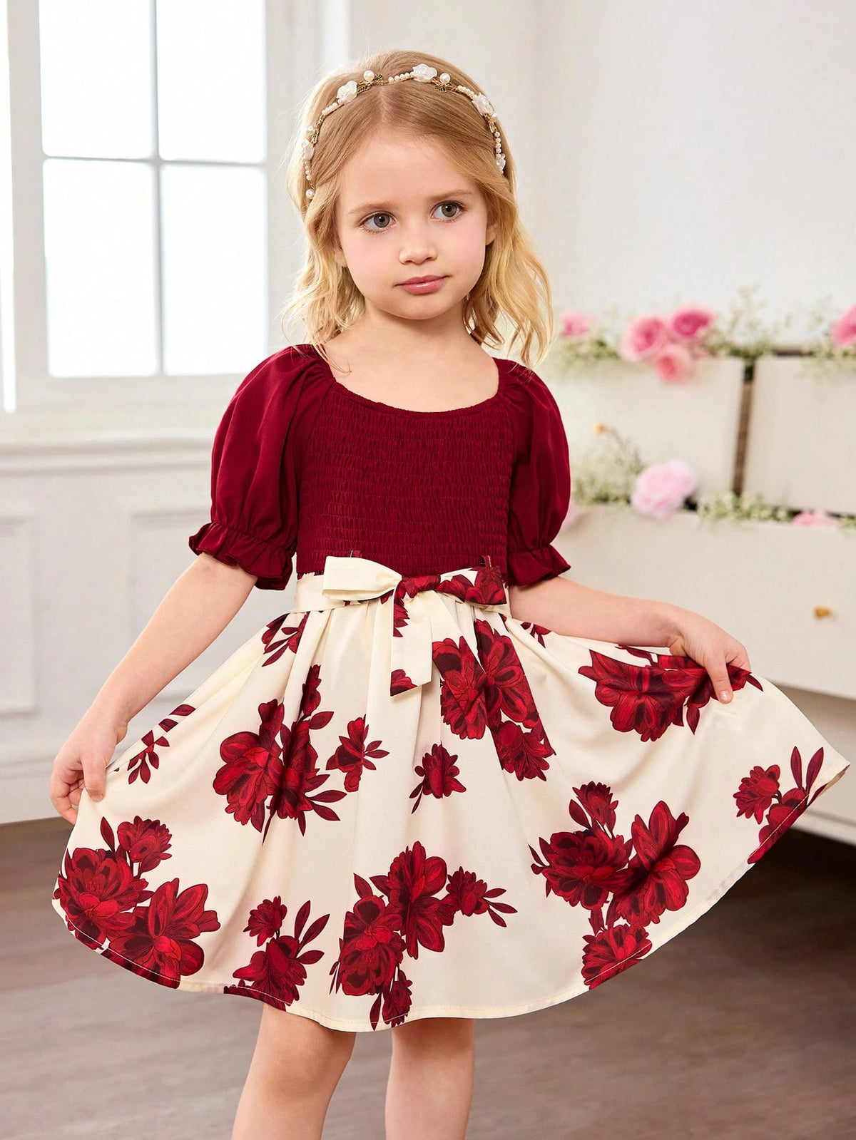 Young Girl Floral Print Sleeveless Dress, Adorable Vacation Style