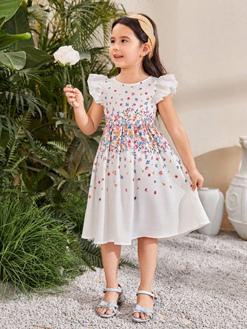 Young Girl Floral Printed Loose Fit Casual Short Sleeve Round Neck Dress