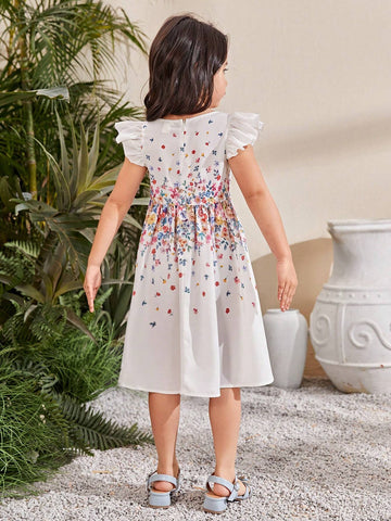Young Girl Floral Printed Loose Fit Casual Short Sleeve Round Neck Dress