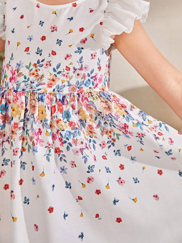Young Girl Floral Printed Loose Fit Casual Short Sleeve Round Neck Dress