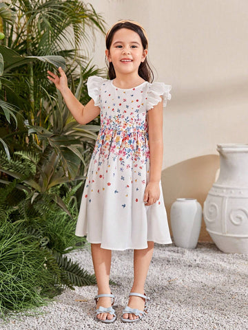 Young Girl Floral Printed Loose Fit Casual Short Sleeve Round Neck Dress