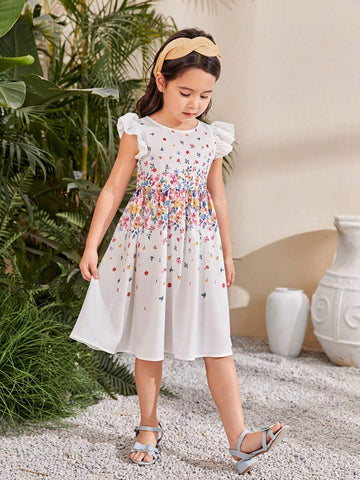 Young Girl Floral Printed Loose Fit Casual Short Sleeve Round Neck Dress
