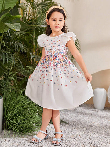 Young Girl Floral Printed Loose Fit Casual Short Sleeve Round Neck Dress