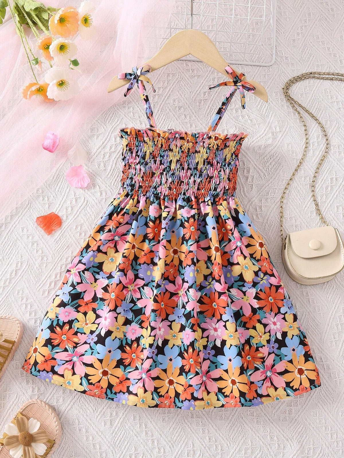 Young Girl Floral Printed Romantic Midi Dress With Adjustable Spaghetti Straps For Summer Vacation