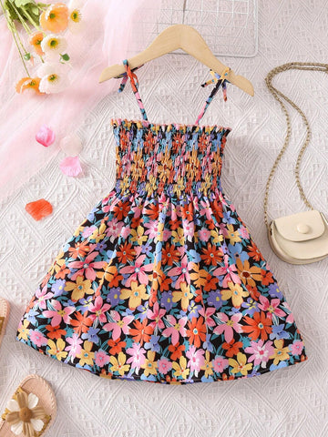 Young Girl Floral Printed Romantic Midi Dress With Adjustable Spaghetti Straps For Summer Vacation